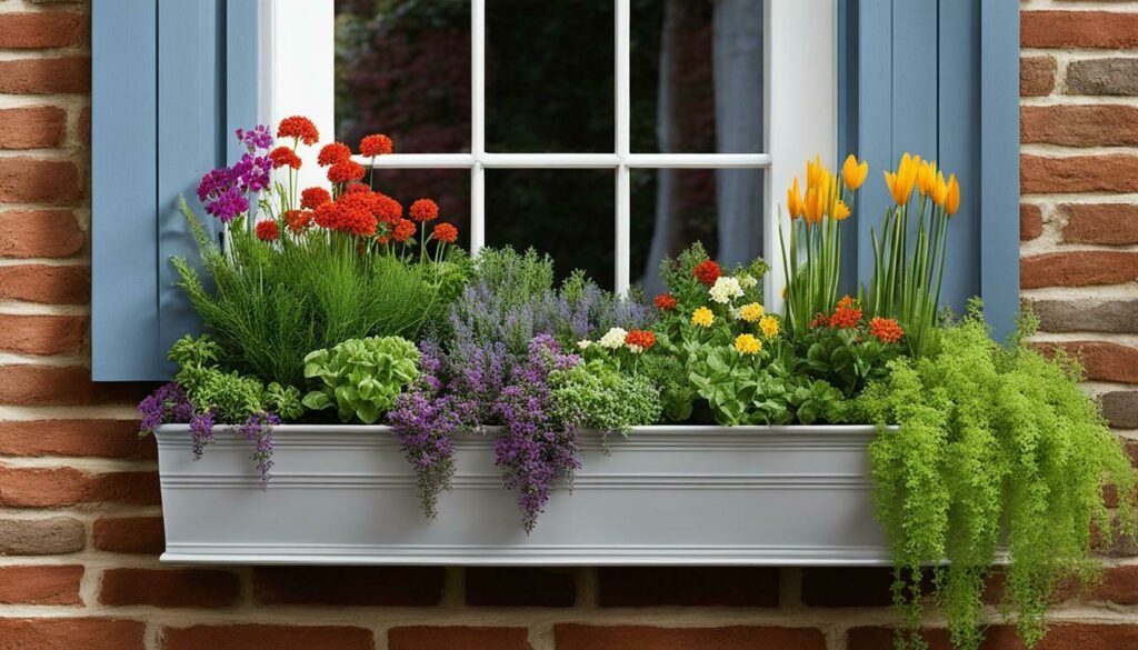 Annual flowers and small bulbs in a window herb garden