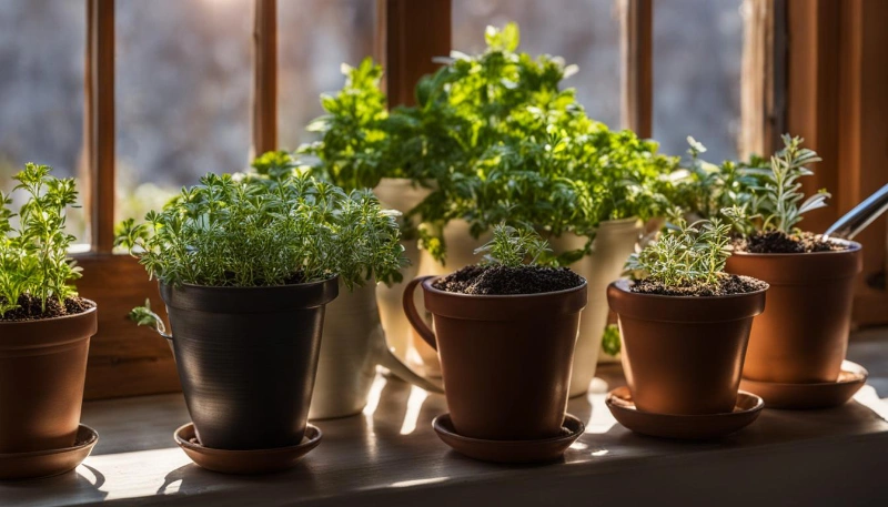 group of potted herbs sitting on a windowsill