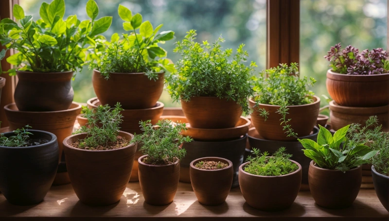 windowsill of different pots indoor winter