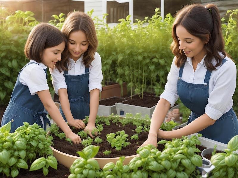 Kids garden mother with daughters planting together
