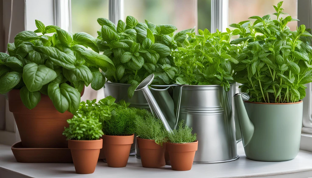 windowsill lined with potted herbs